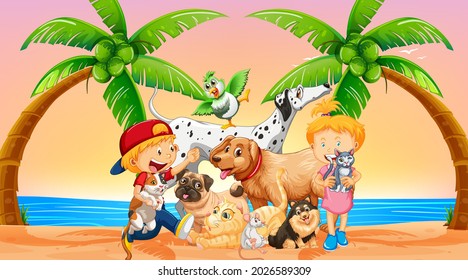 Beach outdoor scene at sunset time with group of pet and children illustration