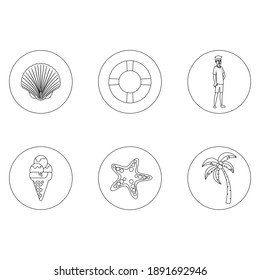 Beach Outline Icon Paket mit Clam, Kokospalmen, Buoy, Starfish, Küstenwache, Eiscreme