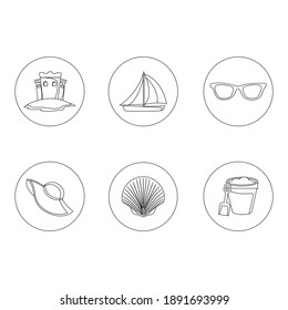 Beach Outline Icon Bundle With Sand Bucket, Clam, Hat, Sunglasses, Boat, Sand Castle