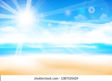 The beach over blur blue sky background with sunlight and flare element, with copyspace for summer vacation concept vector illustration eps10