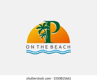 Beach P Letter Icon. Sunset and Palm Tree Letter P Logo Icon. Perfect for surfing shop, sport, Tour and Travel. Initial P with sea wave and palm tree.