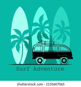 beach palm and car, surf adventure poster