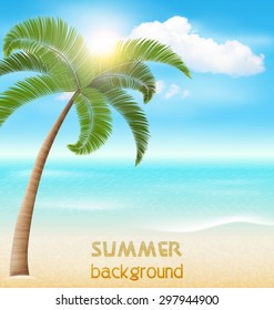 Beach with Palm and Clouds. Summer Vacation Holiday Background
