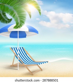 Beach with palm clouds sun beach umbrella and beach chair. Summer vacation background