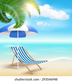 Beach with Palm Clouds Sun Beach Umbrella and Beach Chair. Summer Vacation Background