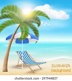 Beach with Palm Clouds Sun Beach Umbrella and Beach Chair. Summer Vacation Background