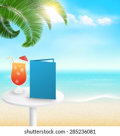 Beach with palm cocktail menu and clouds. Summer holiday vacation background