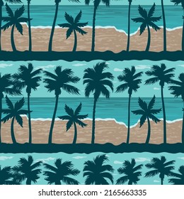 Beach palm colorful pattern seamless vintage tropical trees on azure seashore with sand and ocean waves vector illustration