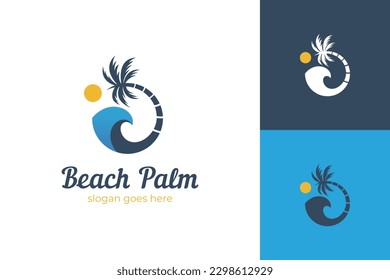 beach palm and island logo design with wave vector design of circular beach icons