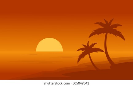 Beach and palm on orange backgrounds silhouettes vector