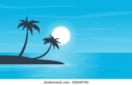 Beach and palm scenery of silhouettes vector illustration