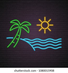 Beach Palm Sea and Sun Neon Light Glowing Vector Illustration Bright