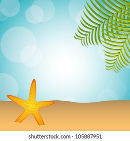 beach with palm and starfish over sand. vector illustration