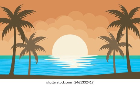 Playa con palmera al atardecer Arte vectorial