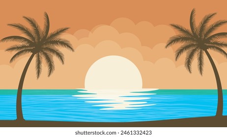 Beach with Palm at sunset landscape vector art
