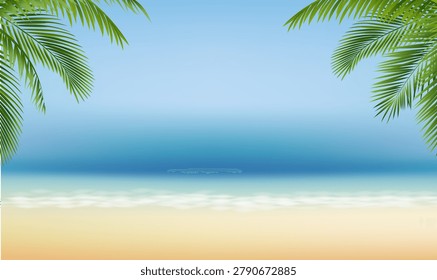 Beach With Palm Tree Branch , Vector Illustration