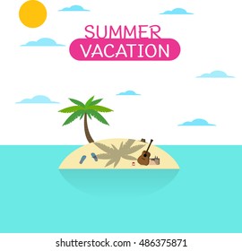 Beach with a palm tree, a coconut and guitar. Summer vacation concept background. Vector.
