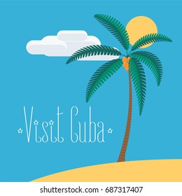 Beach with palm tree in Cuba vector illustration. Traditional Cuban landscape