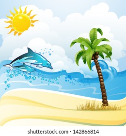 Beach with palm tree and dolphins