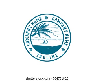 Beach With Palm Tree, Flying Bird, Shells And Sailboat Symbol Classic Logo Circle Vector