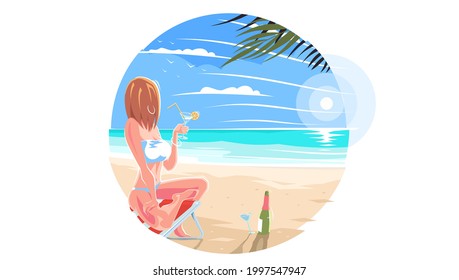 Beach with a palm tree. A girl in a swimsuit relaxing on a chaise lounge on a sea or ocean beach. A beautiful slender girl is resting under a palm tree. Beach with palm trees. Vector illustration. EPS