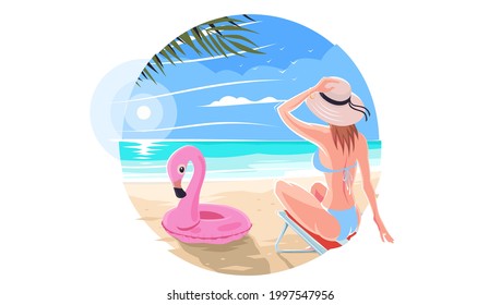 Beach with a palm tree. A girl in a swimsuit relaxing on a chaise lounge on a sea or ocean beach. A beautiful slender girl is resting under a palm tree. Beach with palm trees. Vector illustration. EPS