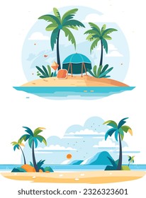 Playa con ilustraciones de palmeras, ambiente de vacaciones, arte vectorial natural