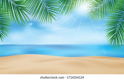 The beach with palm tree leaves together with the calligraphic summer background design