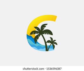 Beach and Palm Tree Letter C Logo Icon. Perfect for surfing shop, sport, Tour and Travel. Initial C with sea wave and palm tree.