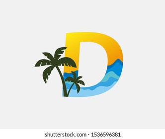 Beach and Palm Tree Letter D Logo Icon. Perfect for surfing shop, sport, Tour and Travel. Initial D with sea wave and palm tree.