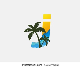 Beach and Palm Tree Letter J Logo Icon. Perfect for surfing shop, sport, Tour and Travel. Initial J with sea wave and palm tree.