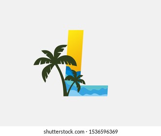 Beach and Palm Tree Letter L Logo Icon. Perfect for surfing shop, sport, Tour and Travel. Initial L with sea wave and palm tree.