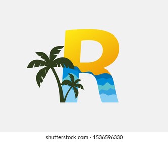 Beach and Palm Tree Letter A Logo Icon. Perfect for surfing shop, sport, Tour and Travel. Initial A with sea wave and palm tree.