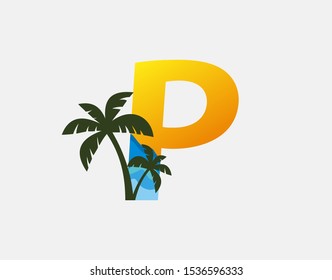 Beach and Palm Tree Letter A Logo Icon. Perfect for surfing shop, sport, Tour and Travel. Initial A with sea wave and palm tree.