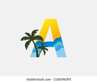 Beach and Palm Tree Letter A Logo Icon. Perfect for surfing shop, sport, Tour and Travel. Initial A with sea wave and palm tree.