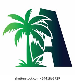 Beach and Palm Tree Letter A Logo Icon. Perfect for surfing shop, sport, Tour and Travel. Initial A with sea wave and palm tree.