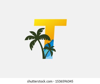 Beach and Palm Tree Letter T Logo Icon. Perfect for surfing shop, sport, Tour and Travel. Initial T with sea wave and palm tree.