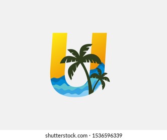 Beach and Palm Tree Letter U Logo Icon. Perfect for surfing shop, sport, Tour and Travel. Initial U with sea wave and palm tree.