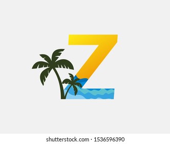 Beach and Palm Tree Letter Z Logo Icon. Perfect for surfing shop, sport, Tour and Travel. Initial Z with sea wave and palm tree.