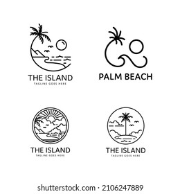 Beach And Palm Tree Logo Collection On Tropical Island Monoline Style Design