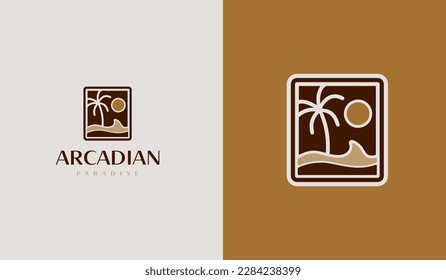 Logo de Beach Palm Tree. Símbolo universal creativo premium. Plantilla de logotipo del icono de signo del vector. Ilustración del vector