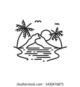 Beach with palm tree and mountain line art illustration logo design