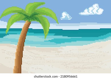 Beach With A Palm Tree On The Sea Shore Background. Pixel Art. 8 Bit Logo