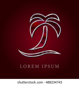 Beach Palm Tree Red Crystal Ruby with Silver Precious Jewel Icon / Logo Design