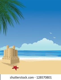 Beach with Palm tree and starfish at sunset or sunrise. EPS 8 vector, grouped for easy editing. No open shapes or paths.