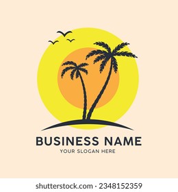 Modelo de logotipo de la puesta de sol de la palma de playa ilustración vectorial