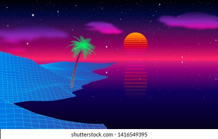 Beach with palm tree at sunset with synthwave or retrowave old 80s computer game style, coast landscape with vibrant retro arcade colors and clouds