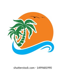 Beach palm tree sunset tropic logo