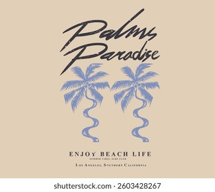 Beach palm tree with surfing board abstract print design for apparel, stickers, posters, background and others.