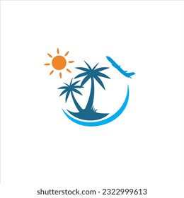 Beach, Palm Tree, Travel Plane Logo Design Vector